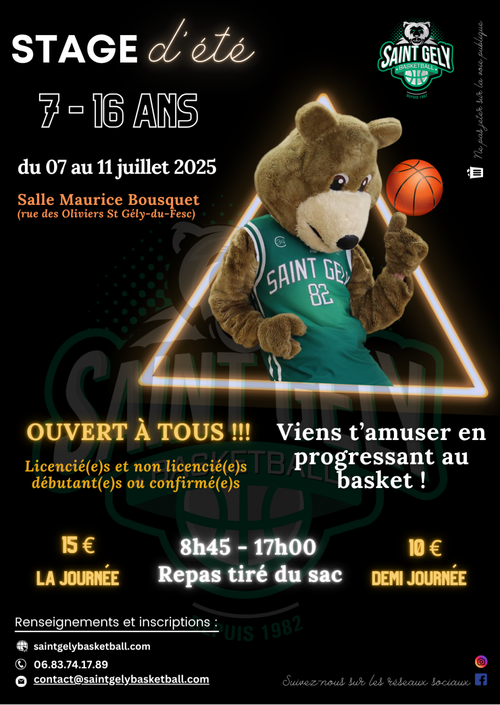 Affiche stage juillet 2025 Saint Gély Basketball